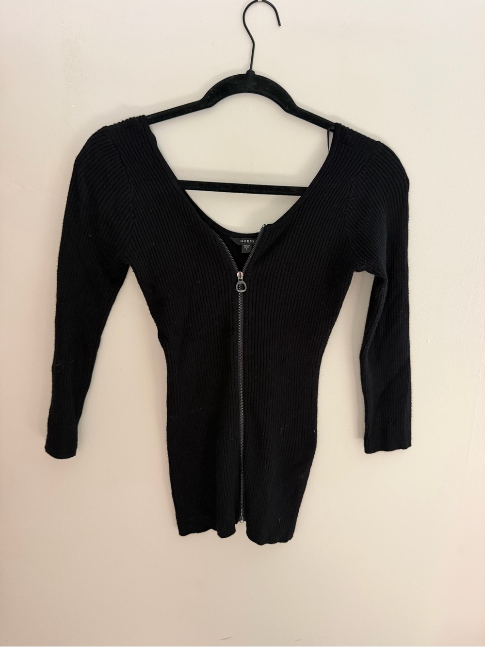 Guess Black Ribbed Zip-Front Sweater Top